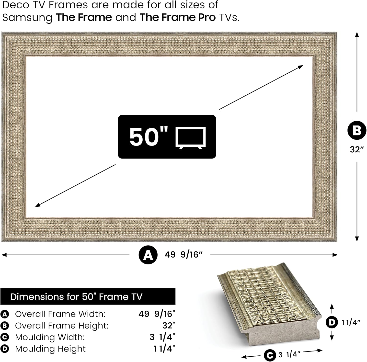 Gatsby Silver 50' Premiere Deco TV Frame - Compatible ONLY with Samsung The Frame TVs (Fits 2021-2026, LS03A, LS03B, LS03C, LS03D, LS03FA)