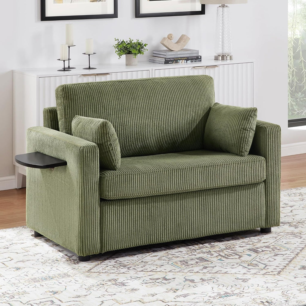 Twin Size Sofa Bed 47.2' Sleeper Sofa Loveseat Sofa with a Foldable Mattress, a Foldable Side Table, a Side Storage Pocket and Two USB Ports for Living Room, Green