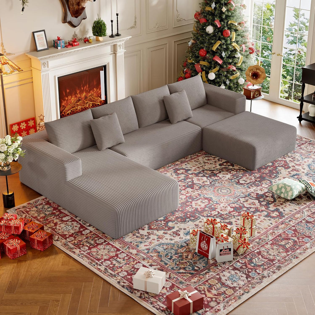 CHORRO134.6''Sectional Boneless Couch for Livingroom,Modular Corduroy Cloud Couch, U-Shaped Sofa with Chaise and Pillows,4-Deep Seat Sectional Sofa with 1 Ottoman,(Camel,Left Chaise)