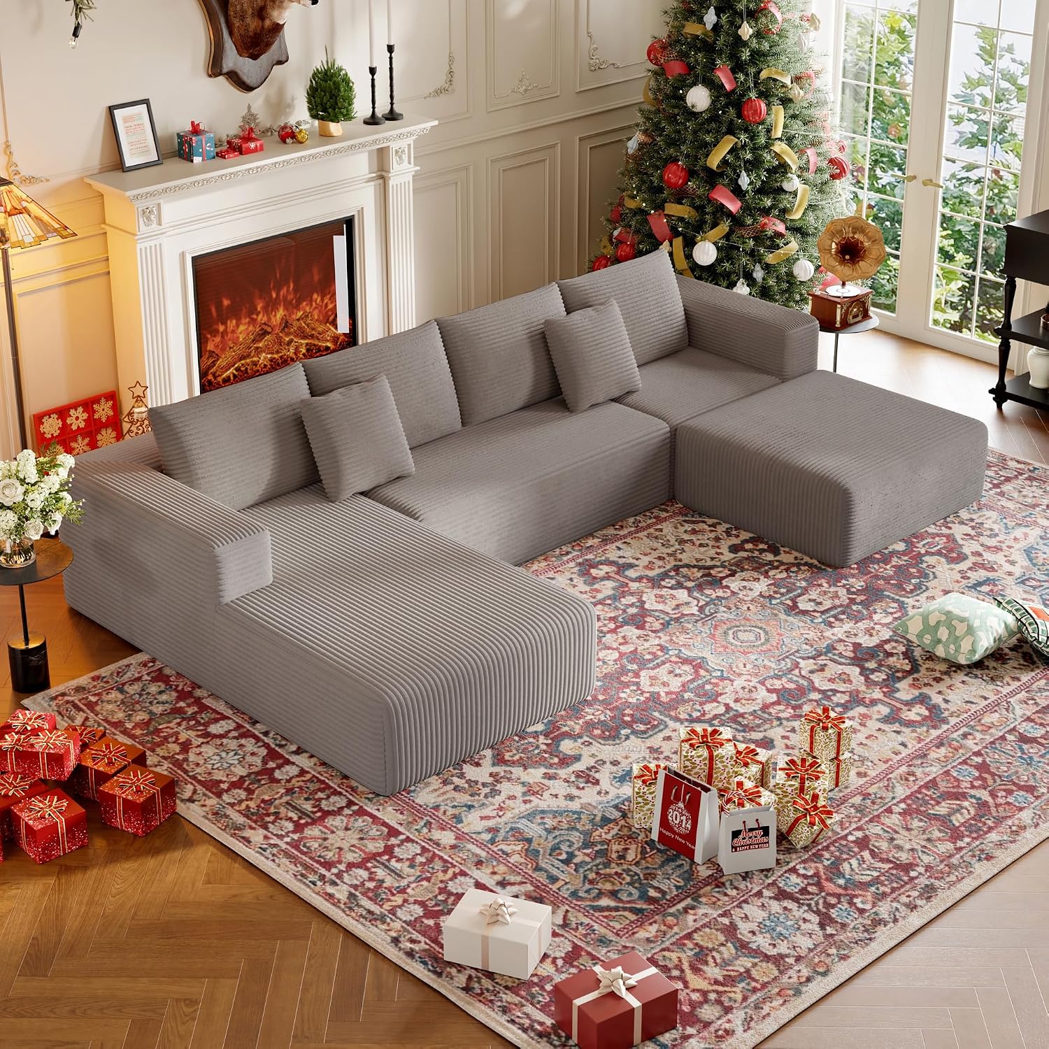 CHORRO134.6''Sectional Boneless Couch for Livingroom,Modular Corduroy Cloud Couch, U-Shaped Sofa with Chaise and Pillows,4-Deep Seat Sectional Sofa with 1 Ottoman,(Camel,Left Chaise)