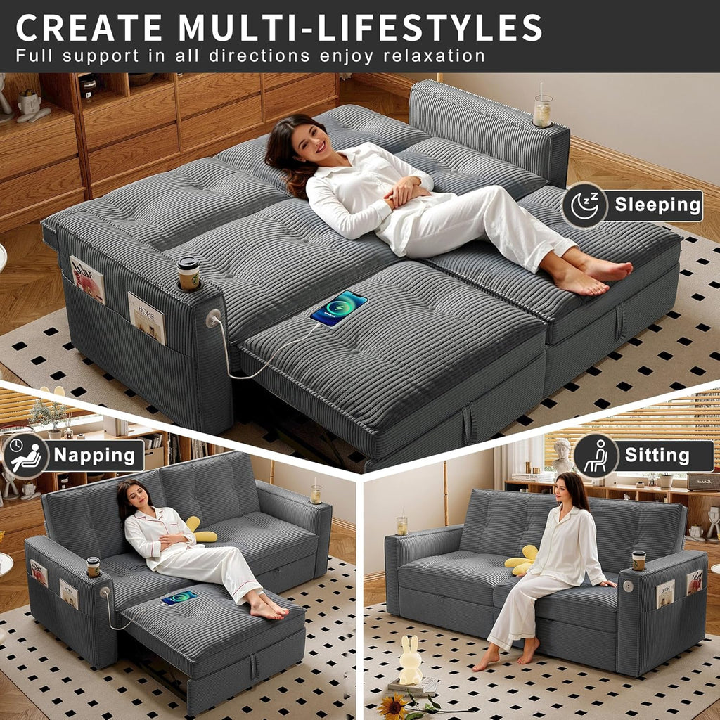 73' Queen Size Sofa Bed, Loveseat Sleeper Sofa with Pull Out Bed, Pockets and USB, Modern 2 Seater Convertible Small Couch for Living Room Bedroom Apartment (Gray, Corduroy)