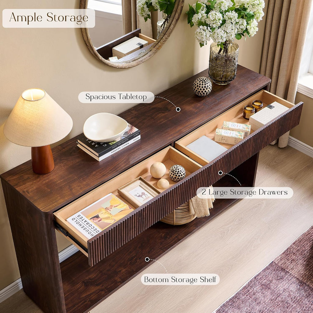 OKD 63' Fluted Console Table for Entryway, Modern Entryway Table with 2 Large Drawers, Long Sofa Table Behind Couch for Living Room, Hallway, Couch, Foyer，Dark Walnut