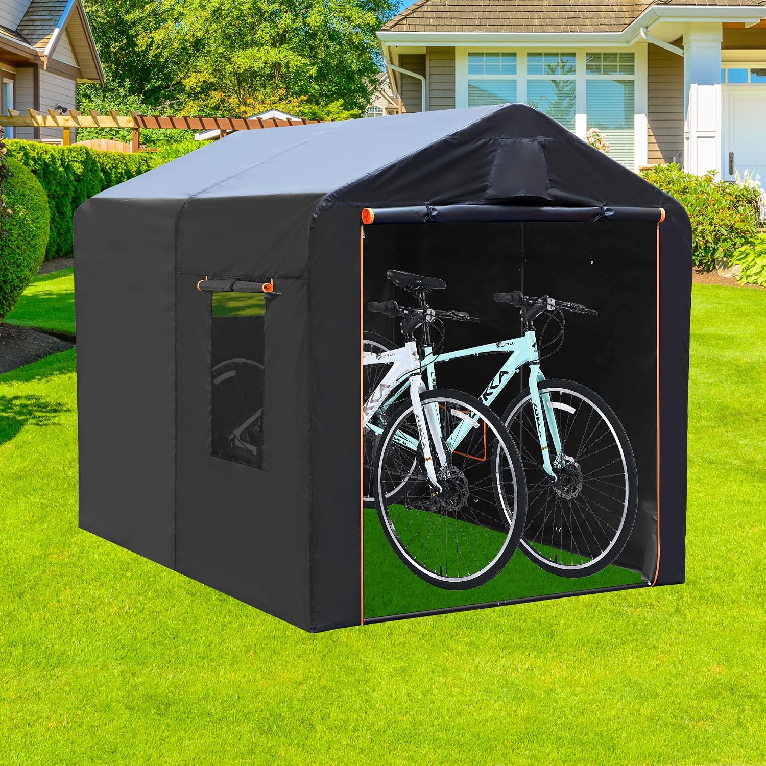 Heavy Duty 86'x64'x71' Waterproof Motorcycle Shed with Roll-up Mesh Windows，Portable Bike Storage Shed Tent with 420D Oxford Fabric for 5-8 Bicycles/Motorcycle/Carports/Garden Tools/Toys/Lawn Mower