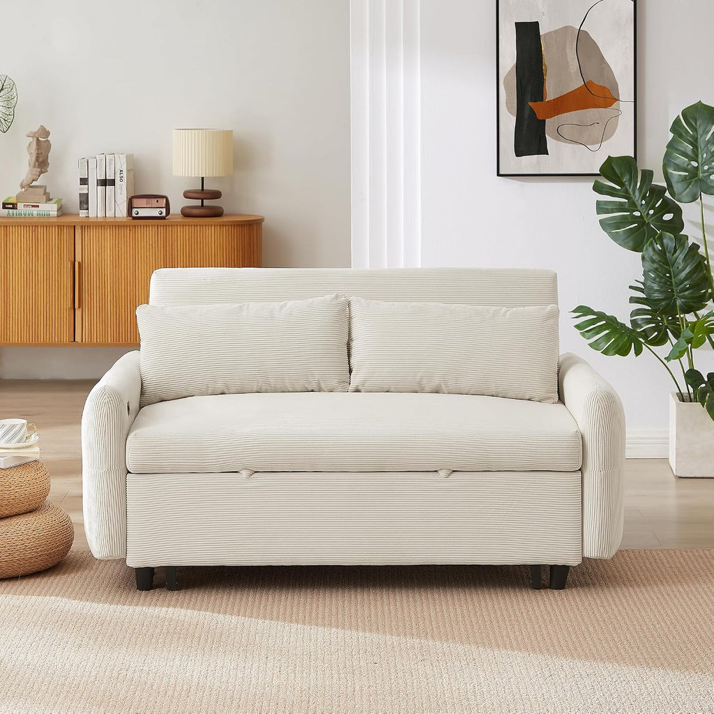 Merax 57.48' Pull-Out Sofa Bed Convertible Couch,2 Seat Loveseat Sofa with 3 Levels Adjustable Backrest,USB Ports and Two Throw Pillows,Modern Corduroy Sleeper Sofa for Living Room(Beige)