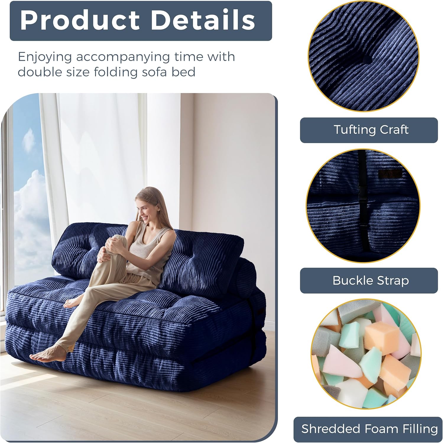 MAXYOYO Folding Sofa Bed, Convertible Sleeper Chair with Pillow Foldable Mattress with Back Support, Portable Fold Out Chair Bed Comfy Floor Sofa Lounge for Living Room Bedroom, Navy Double
