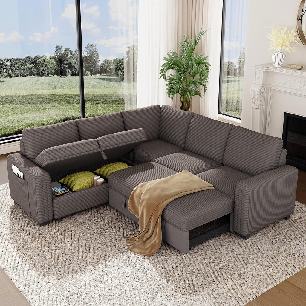 Vesgantti 88.4' Sleeper Sectional Couch with Pull Out Bed, 5 Seater L Shaped Modular Sectional Sofa with Storage, Comfy Corduroy Modular Sofa for Living Room, Bedroom, Apartment, Light Coffee