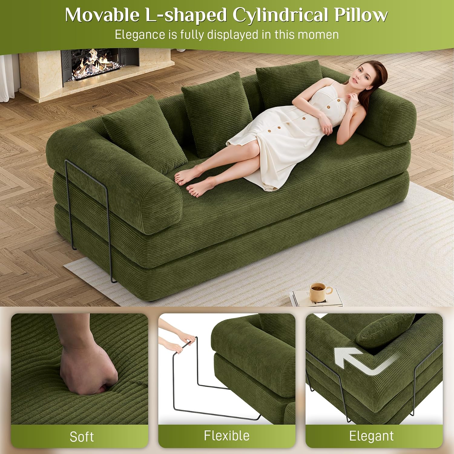 DAMAIFROM Convertible Sleeper Sofa Bed with Cylindrical Pillow,Corduroy Folding Mattress Couch with Fixed-Shape Frame,Modular Floor Sofa Lounge Couch for Living Room Bedroom Lounge,80',Olive Green