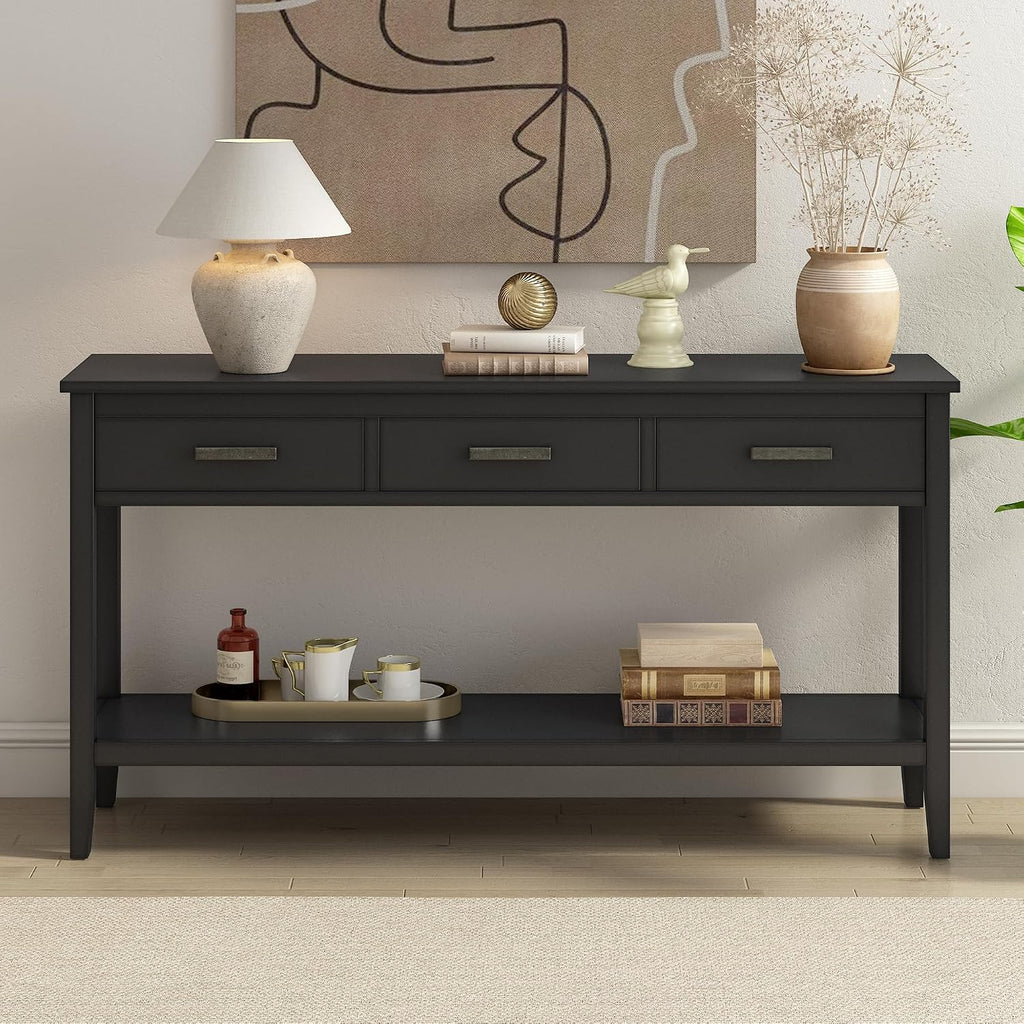 Merax Entryway Console Table with Storage, 3 Drawers Design/Wood Frame/Behind Couch & Sofa, Black