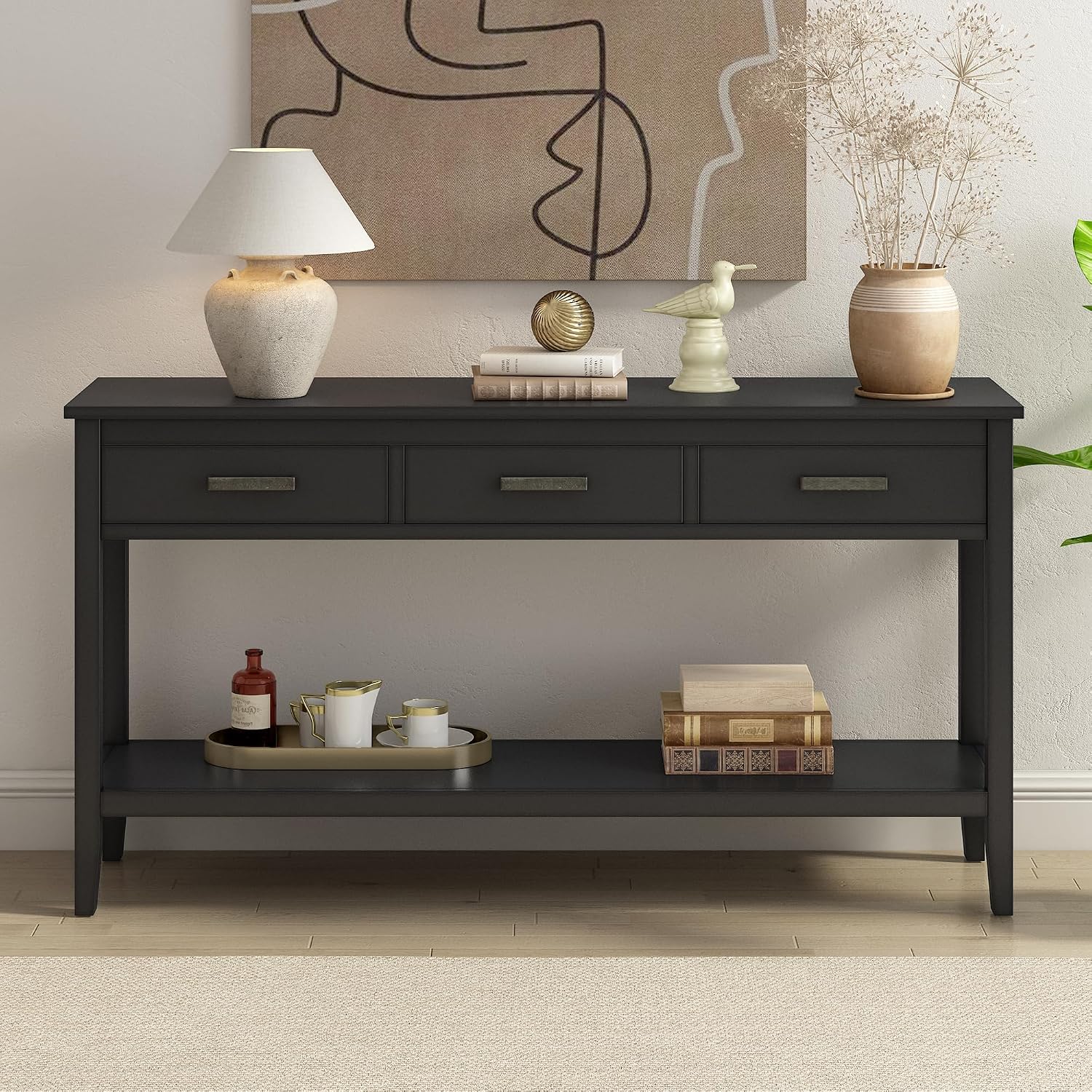 Merax Entryway Console Table with Storage, 3 Drawers Design/Wood Frame/Behind Couch & Sofa, Black