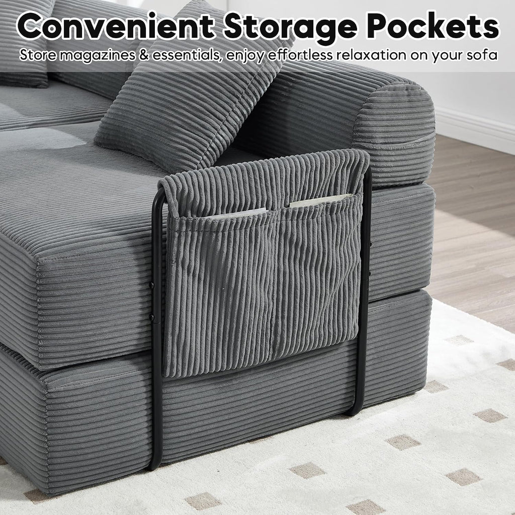 Oversized Modular Cloud Couch for Living Room, Corduroy L-Shaped Sectional Sleeper Sofa Bed with Fixed-Shape Frame, Modern Boneless Couch with Pillows & Storage，Grey