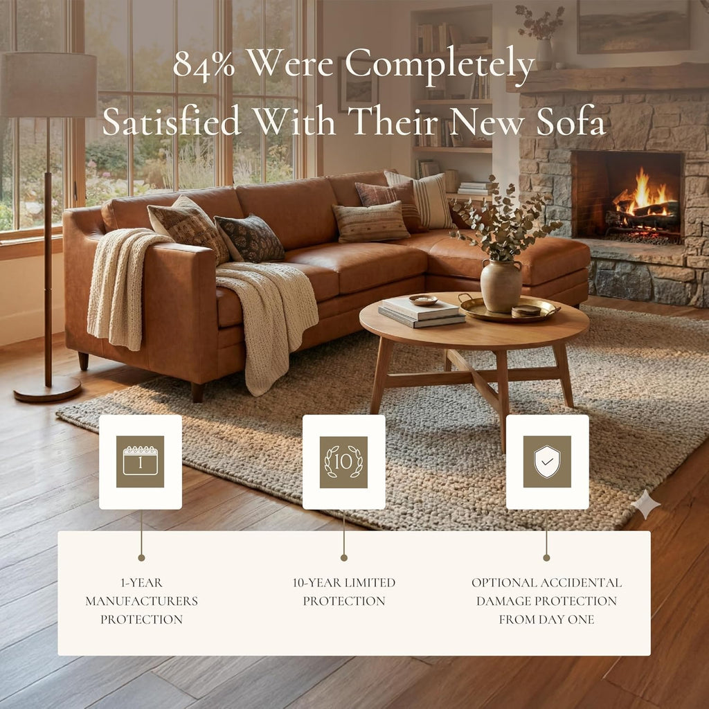 Poly & BARK Harper Right-Facing Leather Sleeper Sectional Sofa Cognac Tan– Full-Grain Aniline Leather, Sculptural Silhouette, Walnut-Finished Legs – Modern Statement Sofa for Living Spaces