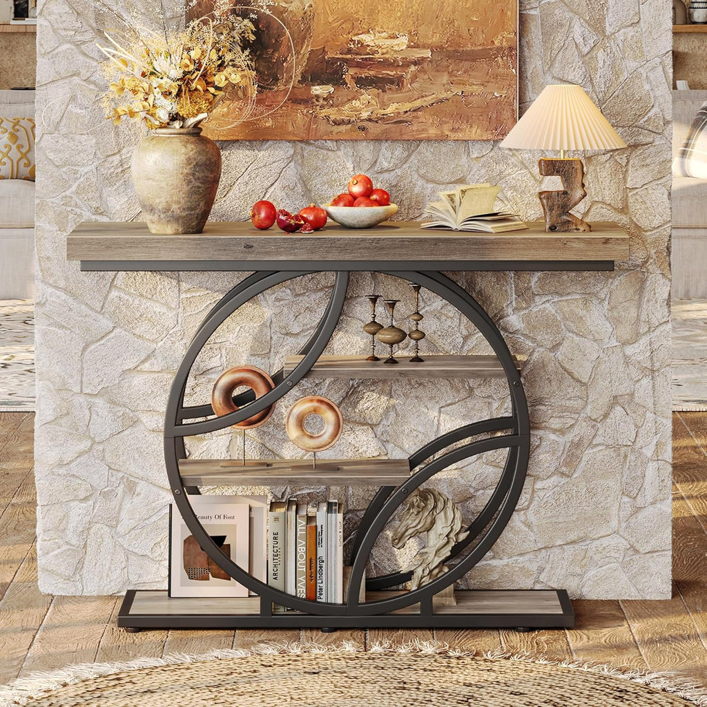 Huuger 41.3 Inch Entryway Table, Modern Console Sofa Table, Accent Table with Shelves, for Entry, Hallway, Entrance, Foyer, O-Shaped Metal Frame, Grey