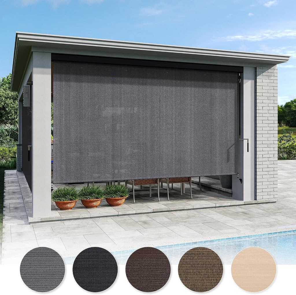 VICLLAX Premium Outdoor Roller Shade, 220GSM 95% Patio Cordless Blinds with Aluminum Valance (7' W X 8' L), Anthracite