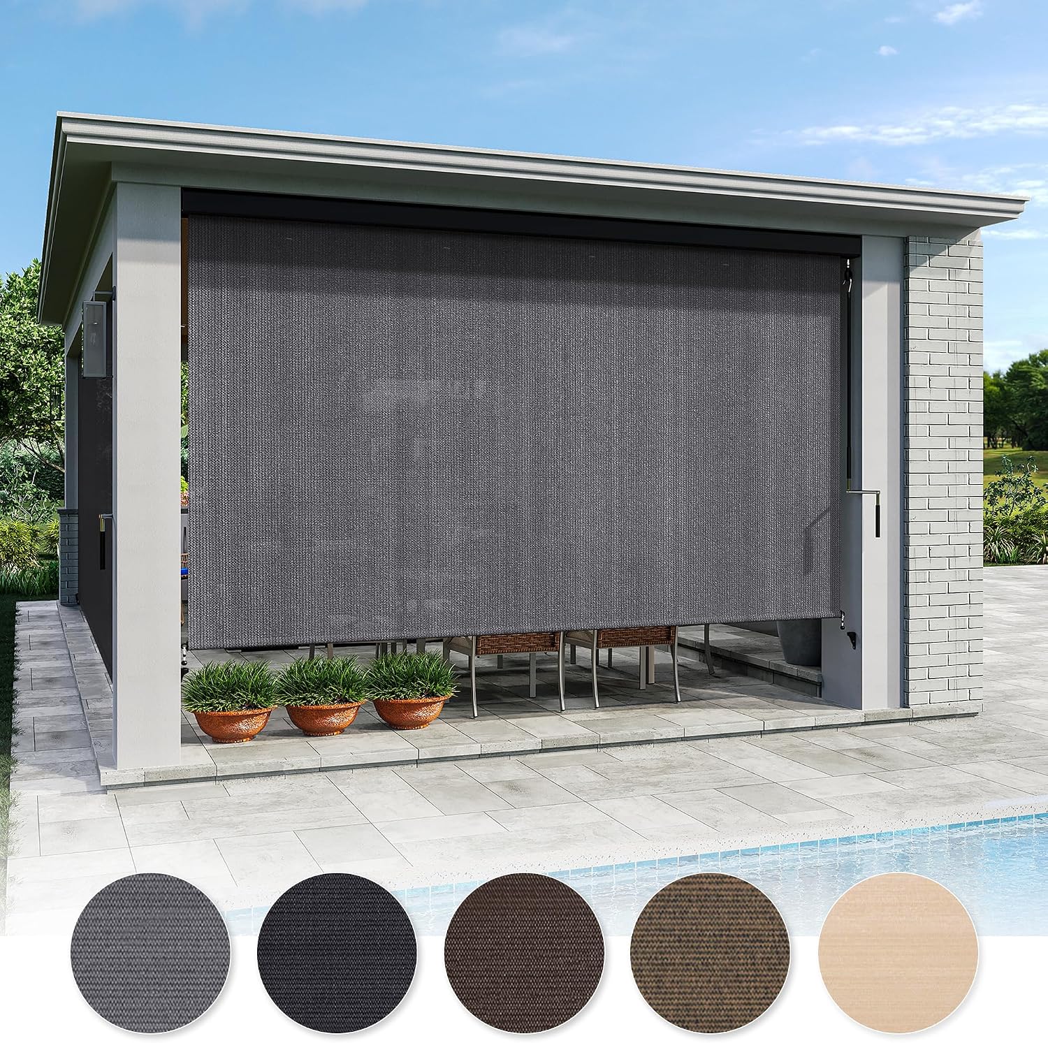 VICLLAX Premium Outdoor Roller Shade, 220GSM 95% Patio Cordless Blinds with Aluminum Valance (7' W X 8' L), Anthracite