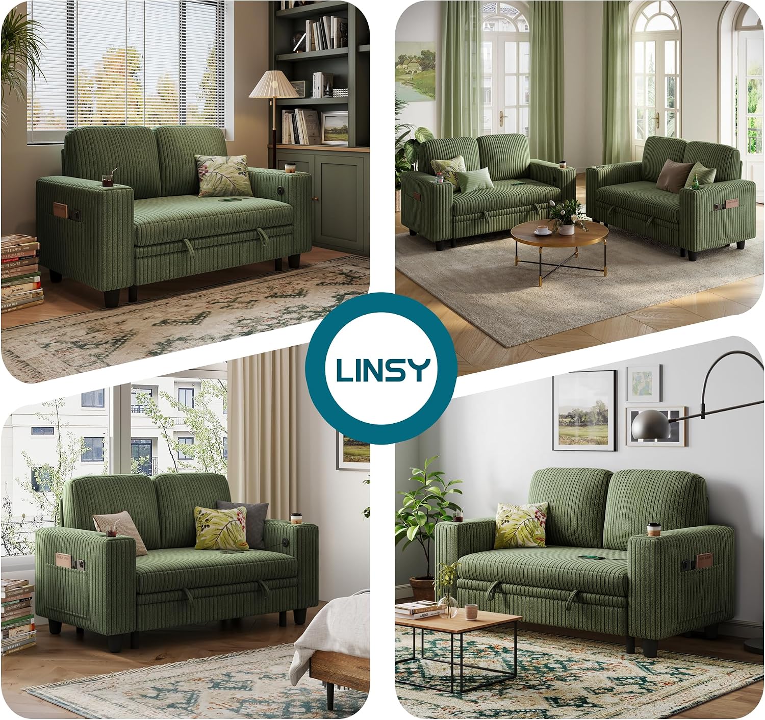 LINSY HOME Loveseat Sofa Couch with USB Charging & Cup Holders, Convertible Pull Out Couch Chaise 2 Seater Sofa, Comfy Plush Corduroy Love Seat for Small Spaces Living Room Apartment (Green)