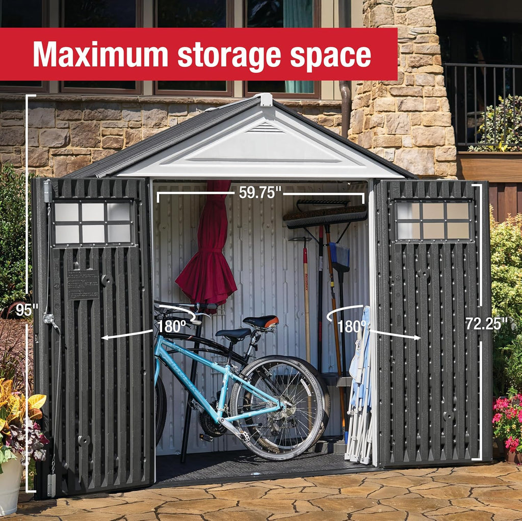Rubbermaid Resin Outdoor Storage Shed With Floor (7 x 3.5 Ft) Weather Resistant, White, Organization for Home/Backyard/Garden Tools/Lawn Mower/Bike Storage/Pool Supplies