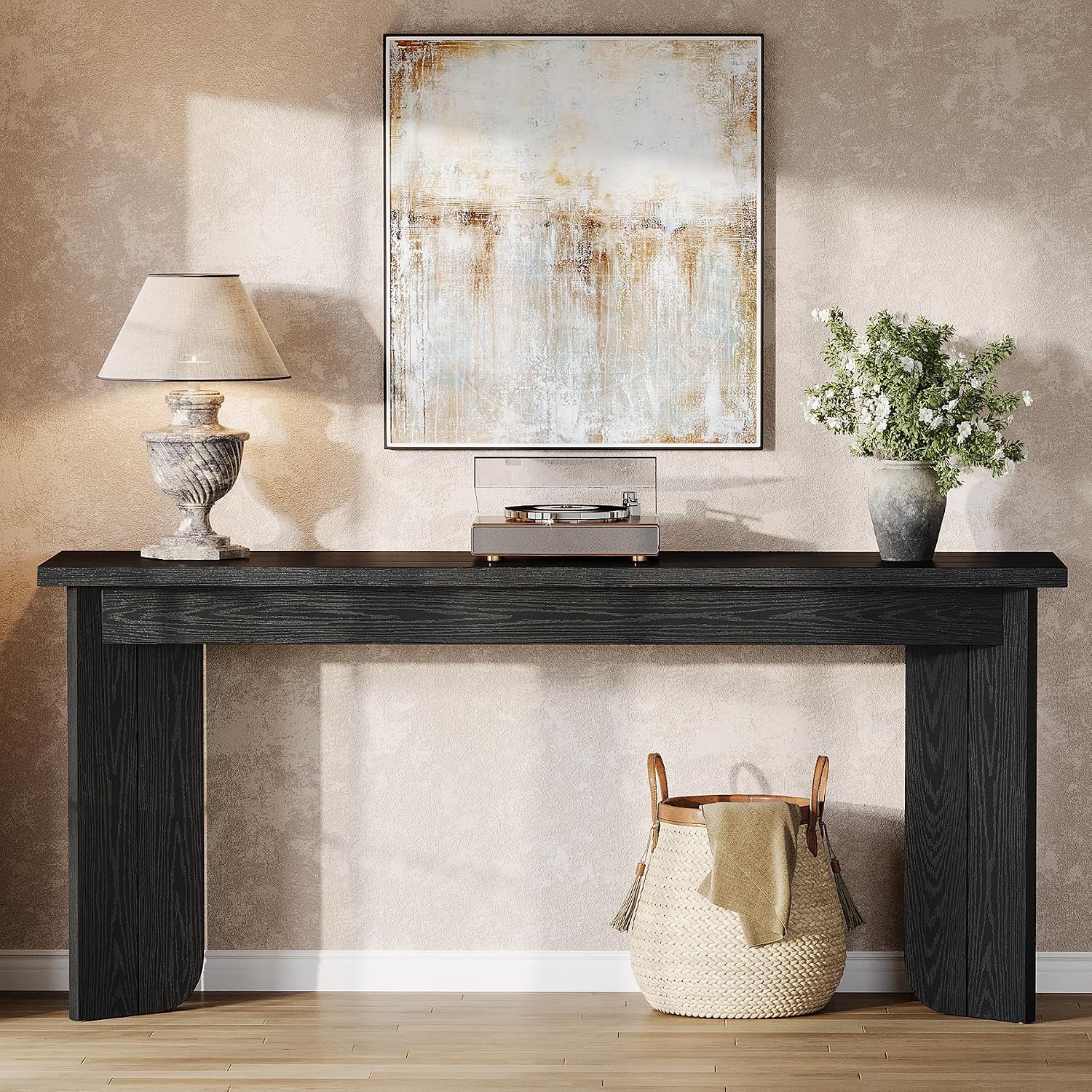 Tribesigns Farmhouse Console Table, 70.9-Inch Extra Long Console Table, Wood Sofa Table Behind Couch with Widened Tabletop & Sturdy Double Pedestal for Living Room, Hallway, Foyer (Black)