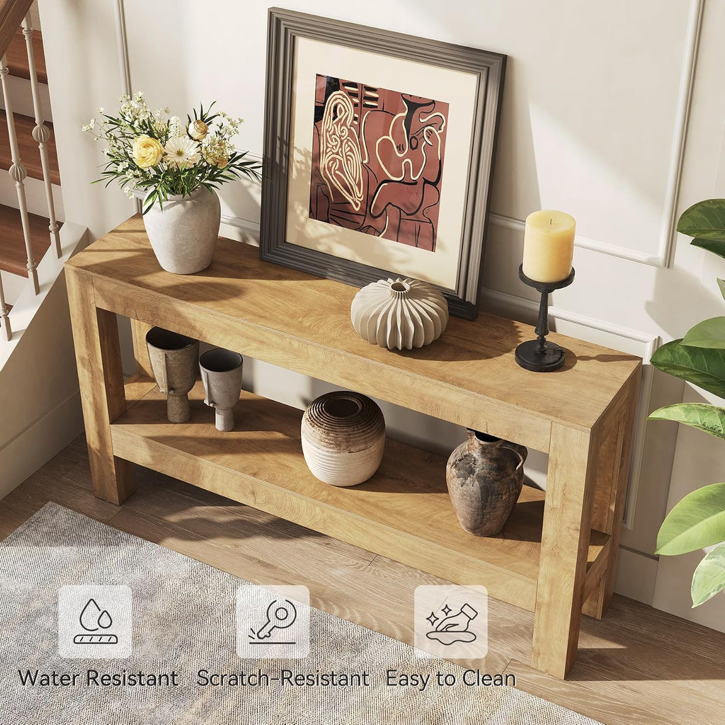 LITTLE TREE 63-Inch Long Console Table for Living Room, Farmhouse Wood Entryway Table for Sofa, Entry, Hallway, Entrance, Foyer, Behind Couch with 2-Tier Narrow Shelf, Oak