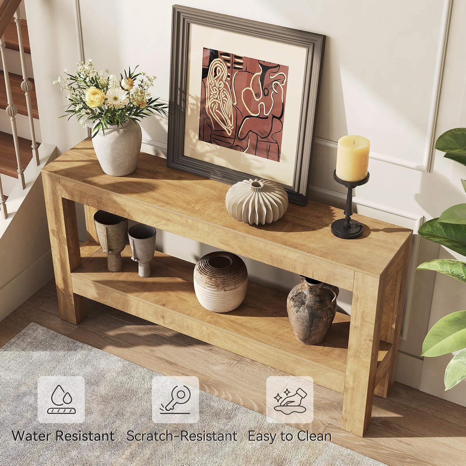 LITTLE TREE 63-Inch Long Console Table for Living Room, Farmhouse Wood Entryway Table for Sofa, Entry, Hallway, Entrance, Foyer, Behind Couch with 2-Tier Narrow Shelf, Oak