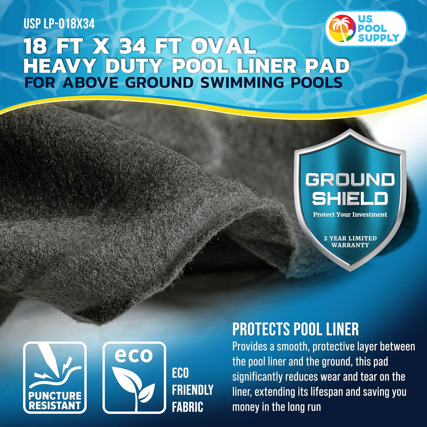 U.S. Pool Supply Ground Shield 18-Foot x 34-Foot Oval Heavy Duty Pool Liner Pad for Above Ground Swimming Pools - Protects Pool Liner, Prevents Punctures, Weed Barrier, Eco-Friendly Extends Liner Life