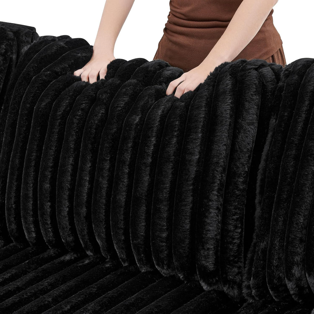 THSUPER 122-Inch Oversized U Shaped Plush Corduroy Fluffy Sectional Sleeper Sofa with Pull Out Bed, Storage Chaise Lounge and USB Charging Port - Black