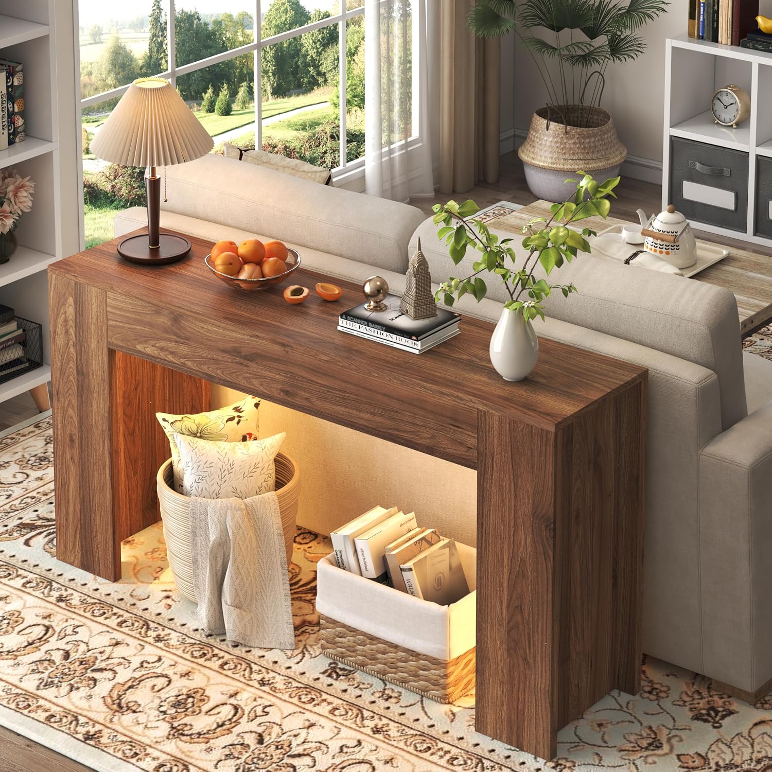 knoworld 63-Inch Long Console Table with LED Light, Farmhouse Sofa Table Behind Couch, Wooden Console Table for Entryway Hallway Entrance Living Room, Brown