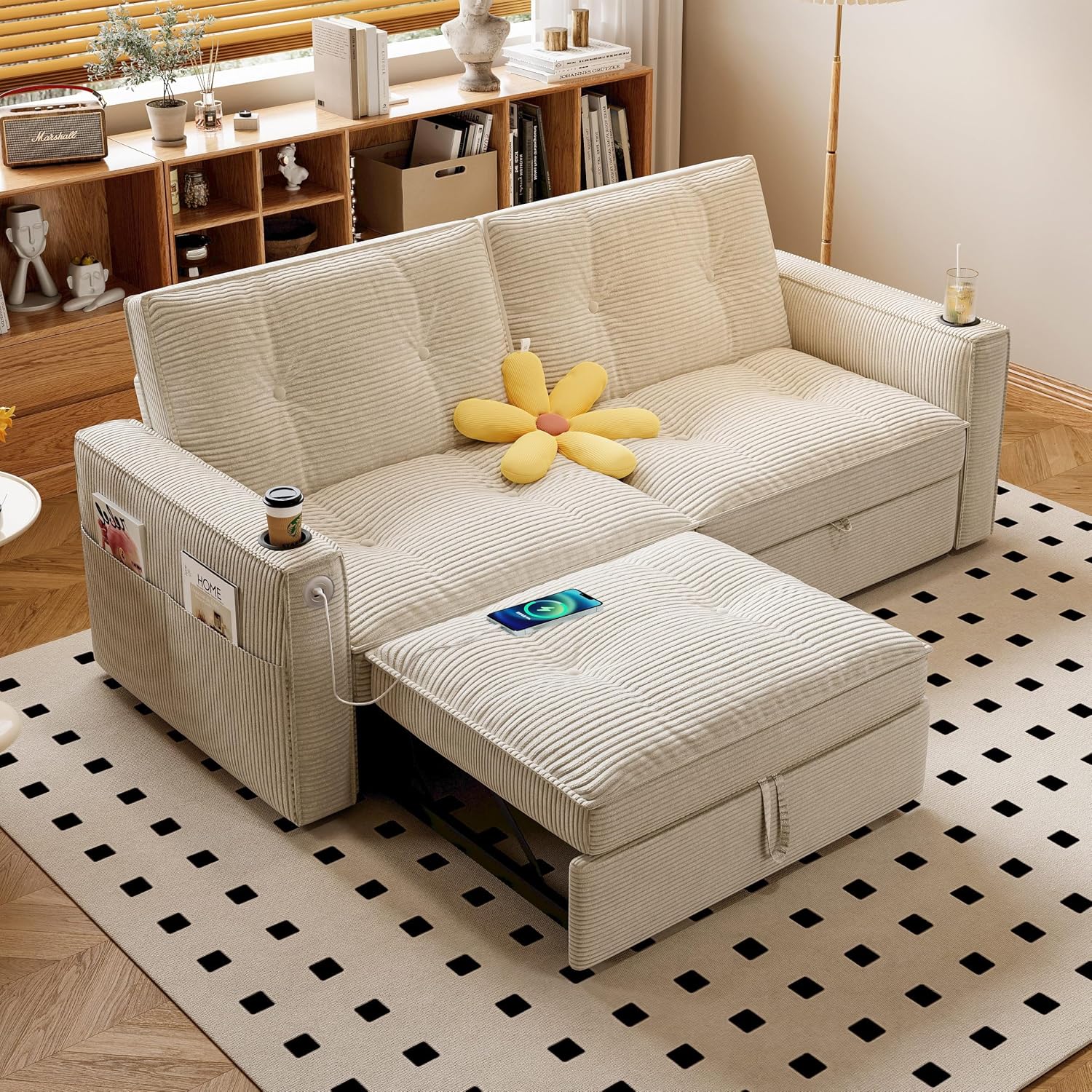 73' Queen Size Sofa Bed, Loveseat Sleeper Sofa with Pull Out Bed, Pockets and USB, Modern 2 Seater Convertible Small Couch for Living Room Bedroom Apartment (Beige, Corduroy)