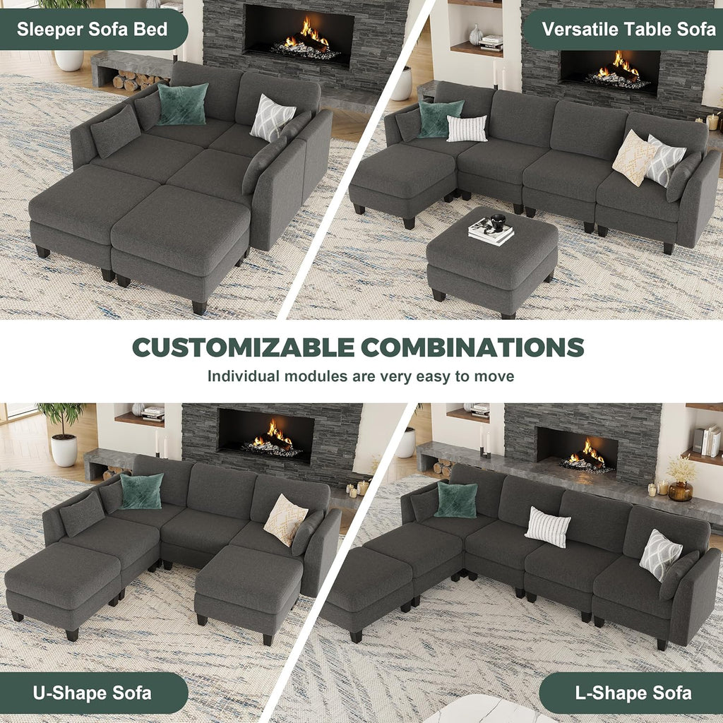 Modular Sectional Sofa, 6 Seaters Modular Sleeper Sofa Couch, Comfy Sectionals Couches Bed, Convertible Sofas with Ottomans, Sectional Couches for Living Room, Dark Grey