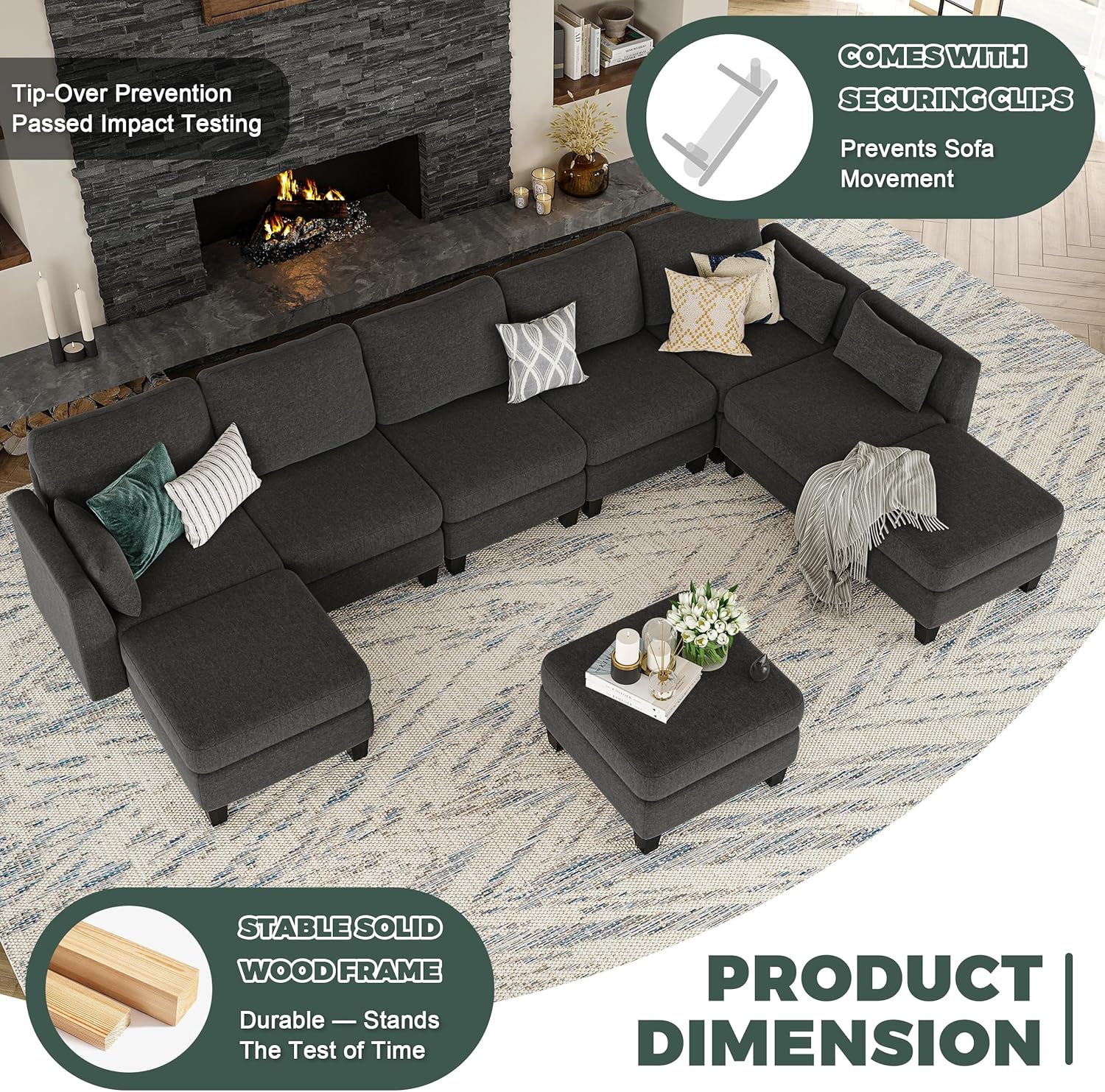 Modular Sectional Sofa, 6 Seaters Modular Sleeper Sofa Couch, Comfy Sectionals Couches Bed, Convertible Sofas with Ottomans, Sectional Couches for Living Room, Dark Grey
