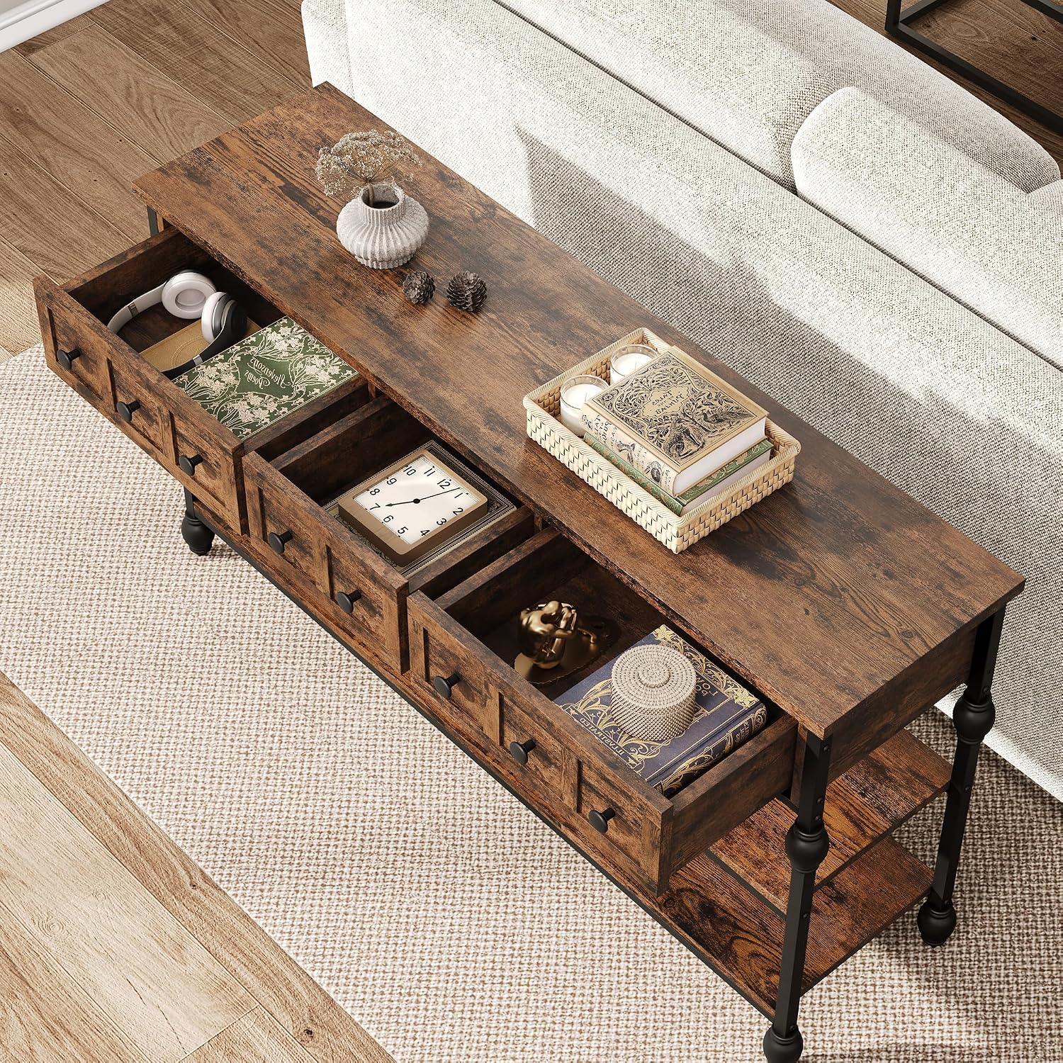 Garvee Console Sofa Table 53 in, Entryway Table with 3 Drawers, 3 Tier Metal Sofa Table, Open Shelf Behind Couch Table for Hallway, Living Room, Roman Column Design, Rustic Brown