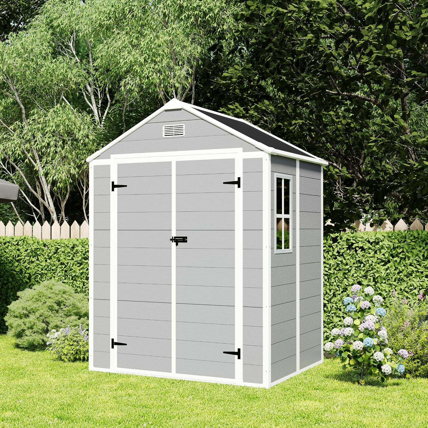 YOPTO 6x5 FT Resin Outdoor Storage Shed with Floor, All-Weather Plastic Shed with Lockable Doors, Window & Vents, Utility Plastic Tool Shed Storage House for Backyard, Patio, Light Grey