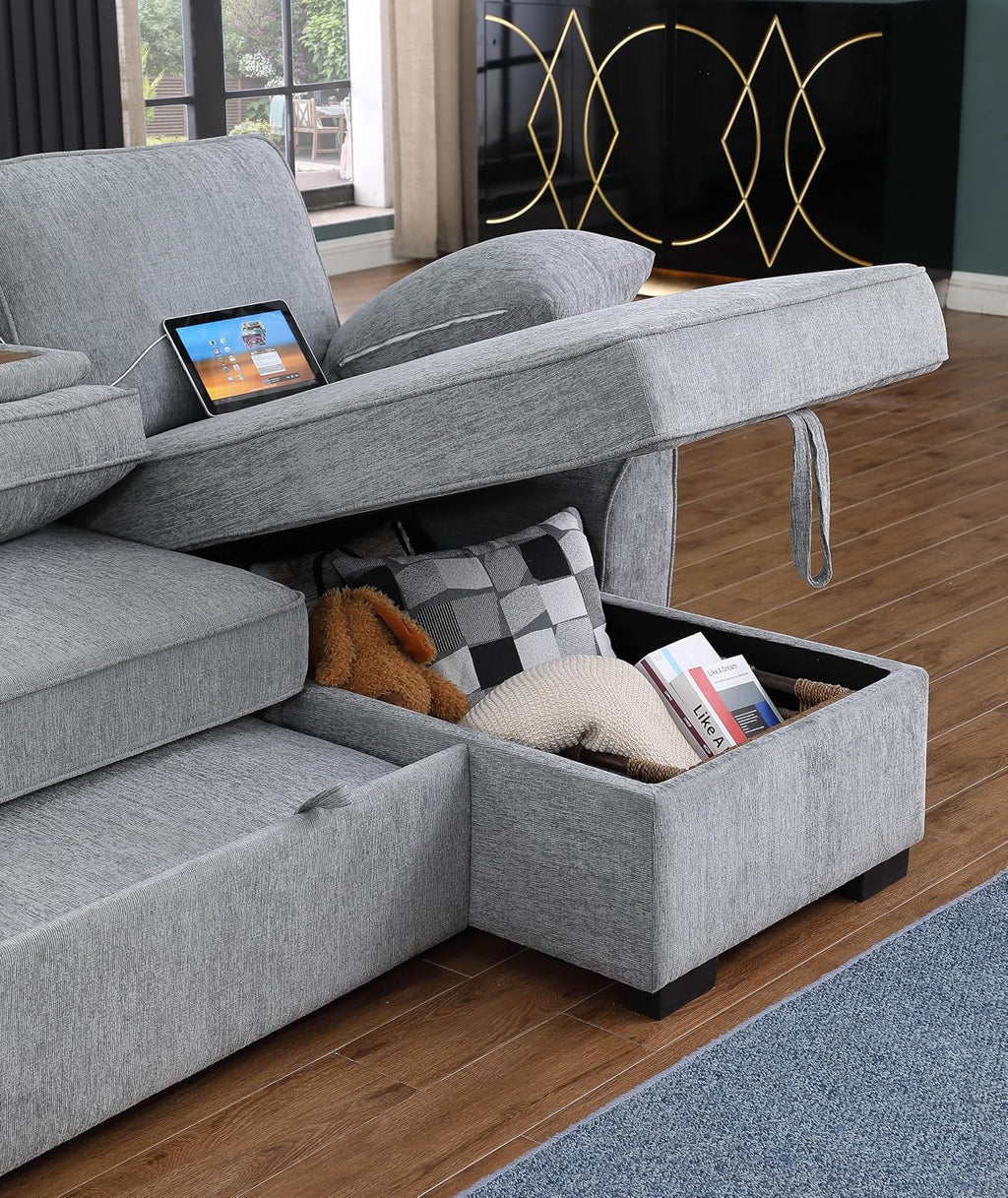 ERYE L-Shaped Pull Out Sleeper Couch Bed, Modern Chenille Upholstered Button Tufted Corner Couch Reversible Sectional Sleeper Sofa Bed W/Storage Chaise, Cup Holders