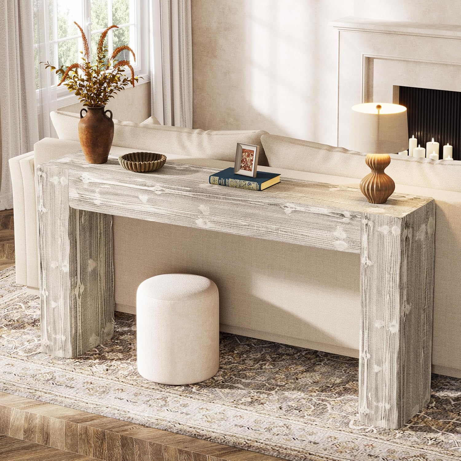 Solid Wood Console Table, 63-Inch Farmhouse Sofa Table Behind Couch for Entryway, Living Room, Foyer, Easy Assembly (Weathered Gray)