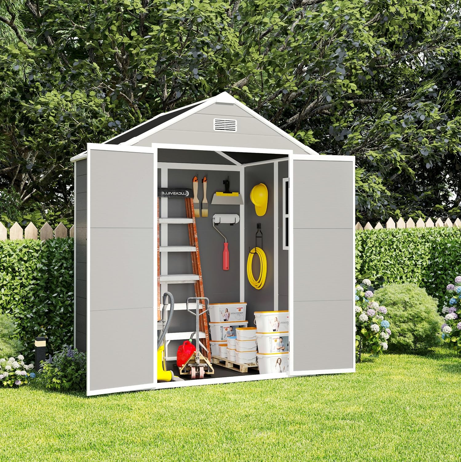 YOPTO 6x5 FT Resin Outdoor Storage Shed with Floor, All-Weather Plastic Shed with Lockable Doors, Window & Vents, Utility Plastic Tool Shed Storage House for Backyard, Patio, Light Grey